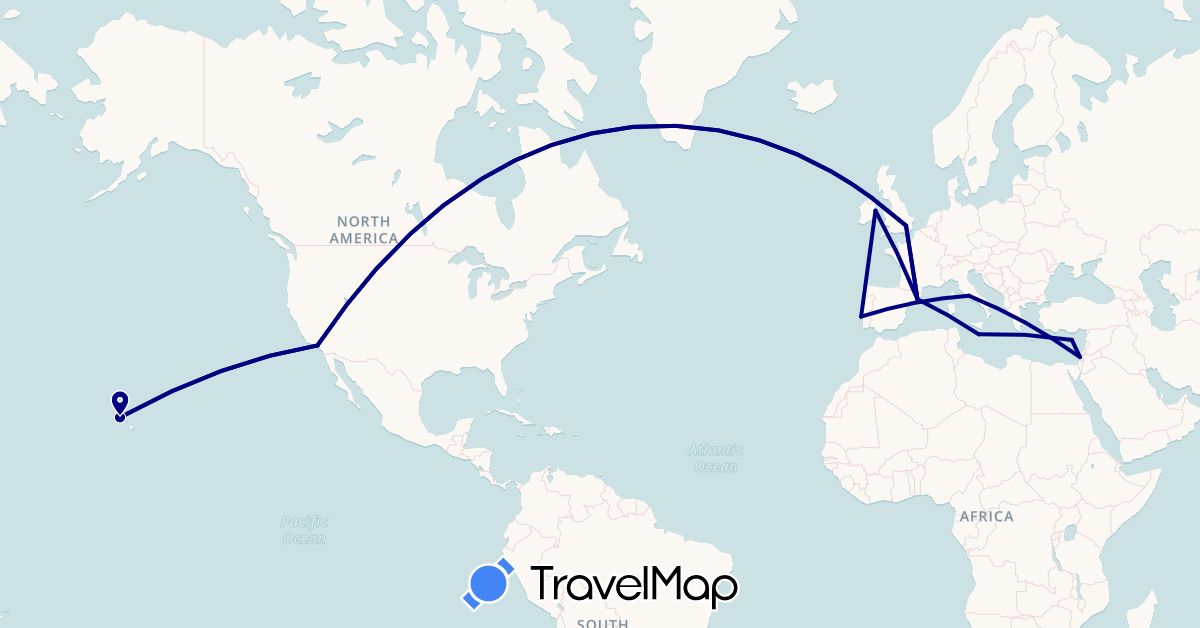 TravelMap itinerary: driving in Cyprus, Spain, United Kingdom, Ireland, Israel, Italy, Malta, Portugal, United States (Asia, Europe, North America)